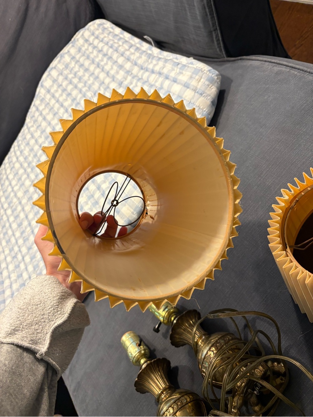 Vintage Brass Table Lamps with Pleated Cream Shades (Pair) - Picture 5 of 7